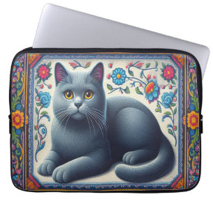 Capa Para Notebook Borda Floral Colorida de Gato Azul Realista Russo