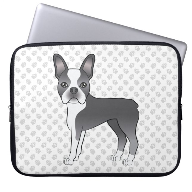 Capa Para Notebook Boston Terrier Cartoon Cão Azul e Branco & Patas (Frente)