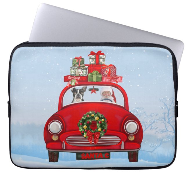 Capa Para Notebook Boston Terrier Dog No Carro Com Papai Noel (Frente)