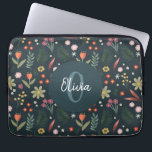 Capa Para Notebook Botânica Floral e Moderna Elegante<br><div class="desc">Esta elegante e moderna design de bolsa de laptop floral apresenta flores laranja, verdes e azuis bonitas, com plantas botânicas verdes e um fundo azul marinho, e tem espaço para que você adicione um nome e inicial em uma letra escrita à mão. O dom perfeito do monograma colorido para qualquer...</div>