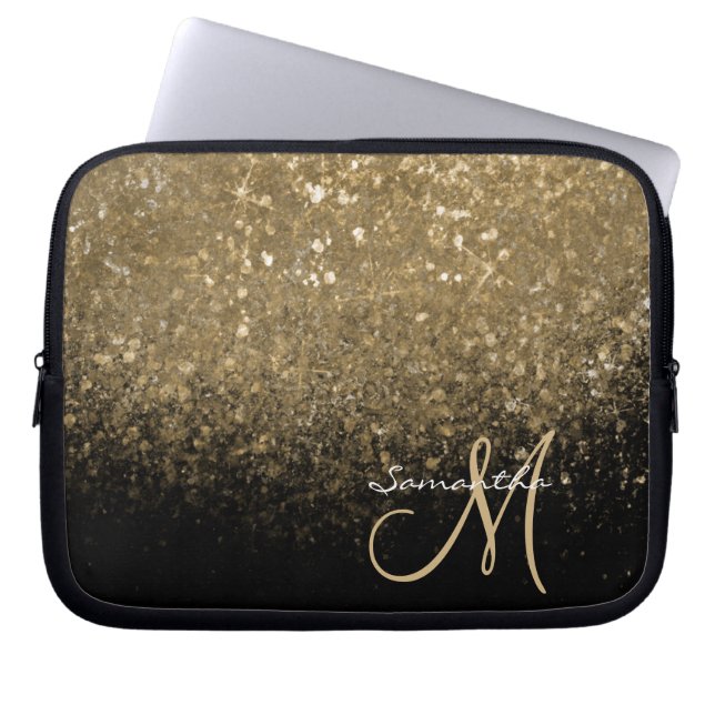 Capa Para Notebook Brilhante Dourado Chic e Monograma Preto (Frente)