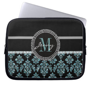 Capa Para Notebook Brilho azul impresso, damasco preto personalizado