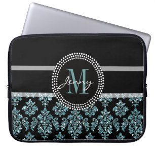 Capa Para Notebook Brilho azul impresso, damasco preto personalizado