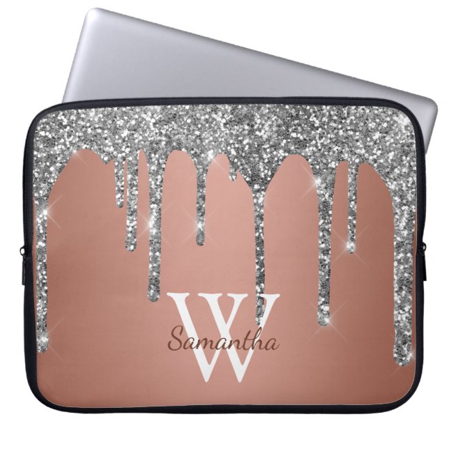Capa Para Notebook Brilho Prateado Faísca Gota Dourado Rosa Monograma (Frente)