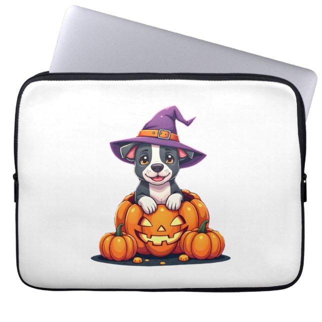 Capa Para Notebook Bruxa de Abóbora Pitbull Engraçada de Halloween pa (Frente)