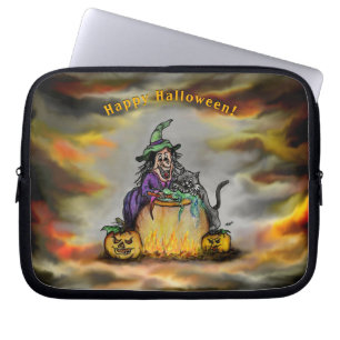 Capa Para Notebook Bruxa e Gato Negro, Feliz Halloween!