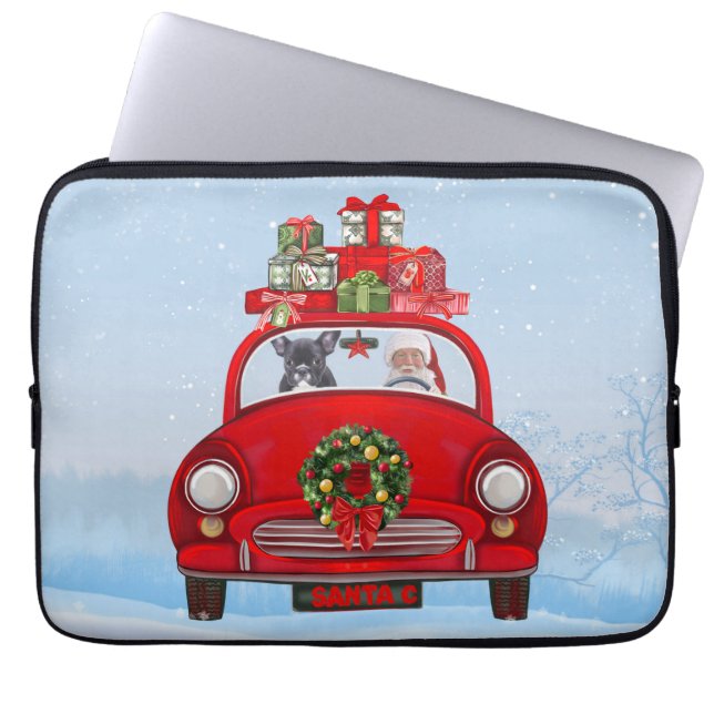 Capa Para Notebook Buldogue Francês No Carro Com Papai Noel (Frente)