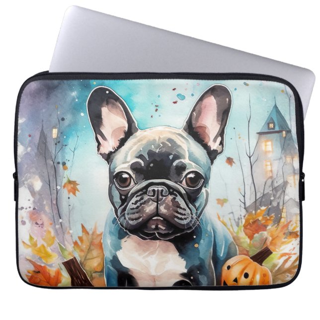 Capa Para Notebook Bulldog Francês Halloween Com Pumpkins Assustado (Frente)