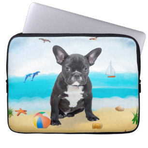 Capa Para Notebook Bulldog francês na praia