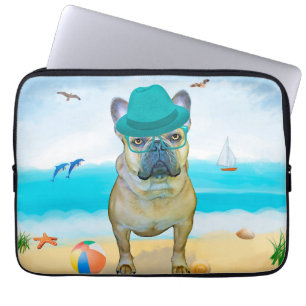 Capa Para Notebook Bulldog francês na praia