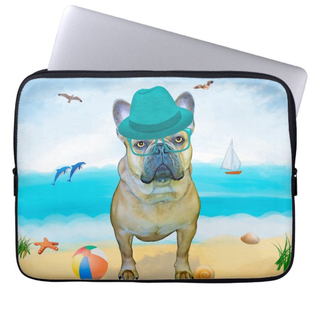 Capa Para Notebook Bulldog francês na praia (Frente)
