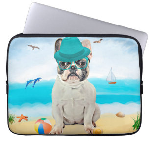 Capa Para Notebook Bulldog francês na praia
