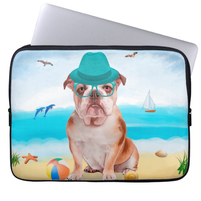 Capa Para Notebook Bulldog Inglês na Praia (Frente)