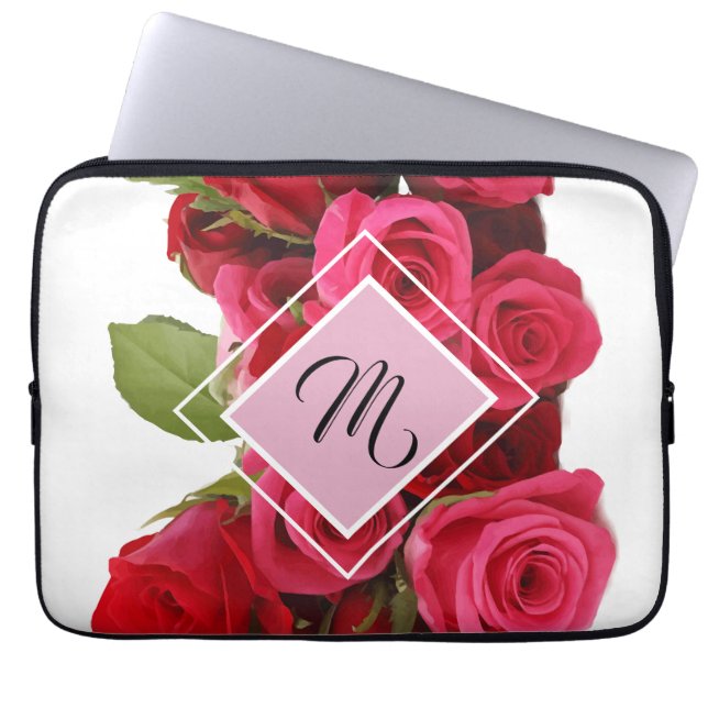 Capa Para Notebook Buquê de Rosas Vermelhas e Rosas Monograma Estojo  (Frente)