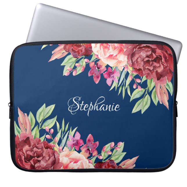 Capa Para Notebook Burgundy Blush Floral Personalizado Nome Marinho A (Frente)