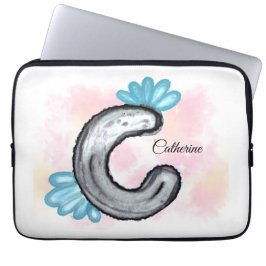 Capa Para Notebook C Letra de Aquarela Floral Azul