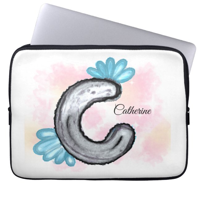 Capa Para Notebook C Letra de Aquarela Floral Azul (Frente)