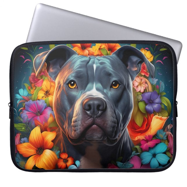 Capa Para Notebook Cachorro Azul Pitbull com Laptop de Flores (Frente)