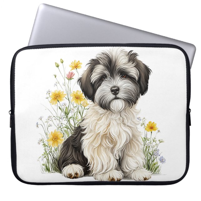 CAPA PARA NOTEBOOK CACHORRO BONITO DE HAVANÊS COM FLORES DE SELVAGEM (Frente)