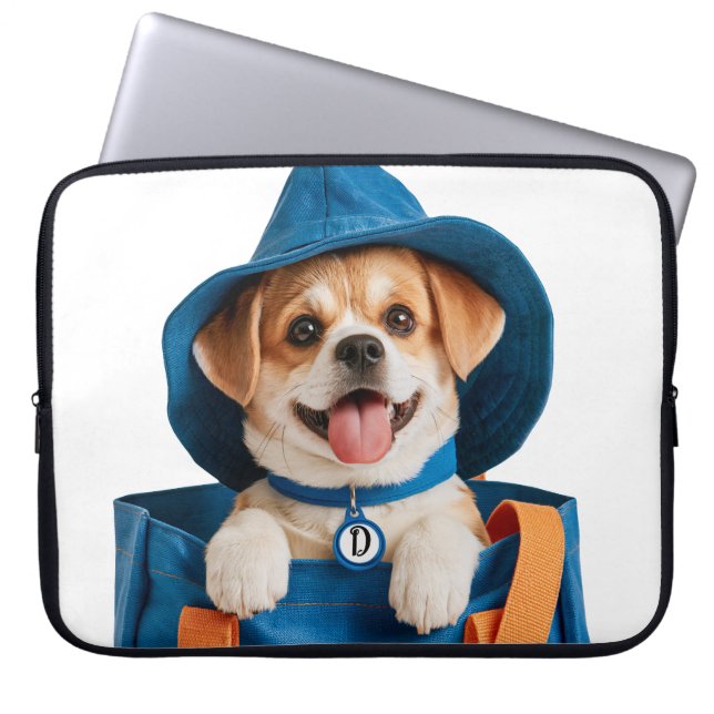 Capa Para Notebook Cachorro Feliz com Chapéu Azul Engraçado (Frente)