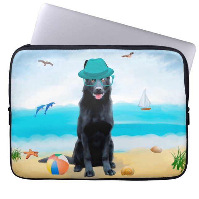 Capa Para Notebook Cachorro German shepherd Negro na praia (Frente)