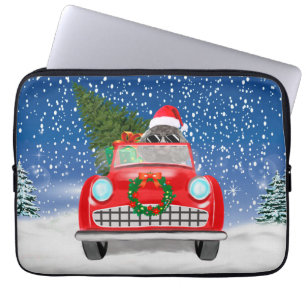 Capa Para Notebook Cachorro Poodle Dirigindo Carro na Neve Natal