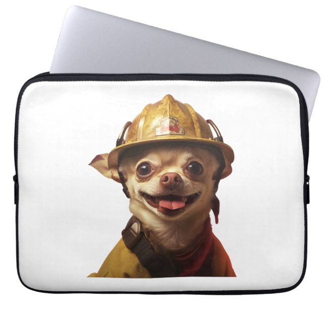 Capa Para Notebook Cachorro que usa um capacete de bombeiro vermelho (Frente)