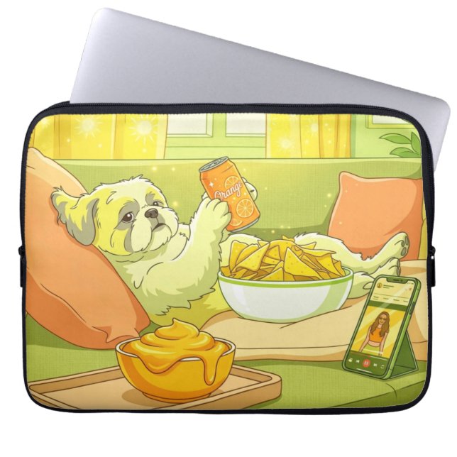 Capa Para Notebook Cachorro Shih Tzu Engraçado Relaxando no Sofá com  (Frente)