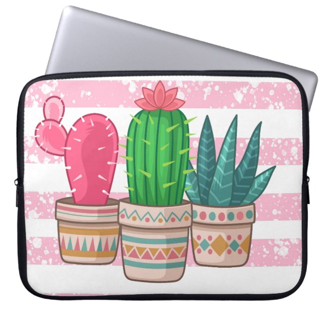 Capa Para Notebook cacto desenhado à mão com fundo de faixas (Frente)