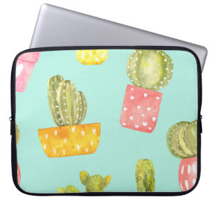 Capa Para Notebook Cactos picantes em potes, padrão de aquarela.