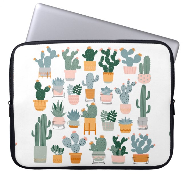Capa Para Notebook Cactus e suculentos em potes sobre fundo branco. (Frente)