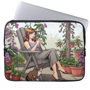 Capa Para Notebook Café Bebendo bonito, Cachorro e Plantas