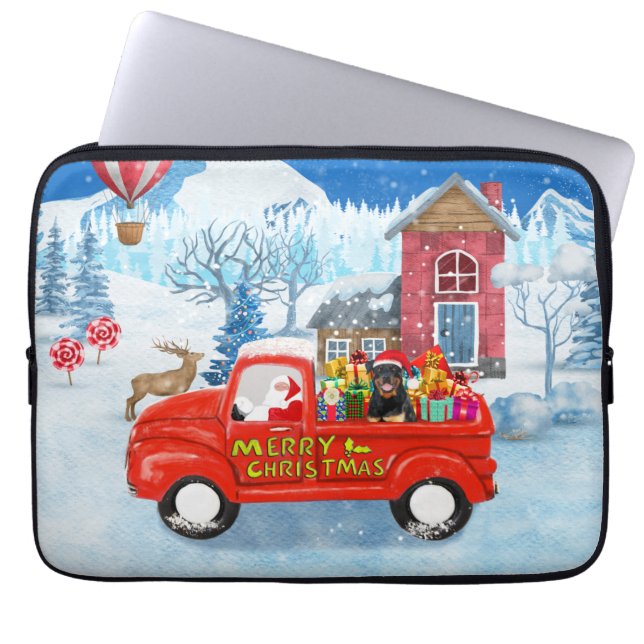 Capa Para Notebook Camião de Entrega de Natal com Cachorro Rottweiler (Frente)