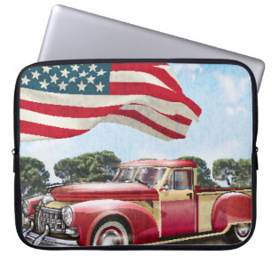 Capa Para Notebook Caminhão de coleta vermelho: Vintage na bandeira a
