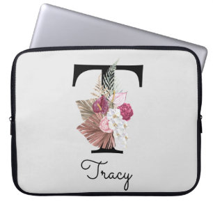 Capa Para Notebook Camiseta Floral Boho Cor-de-Rosa Monograma Inicial