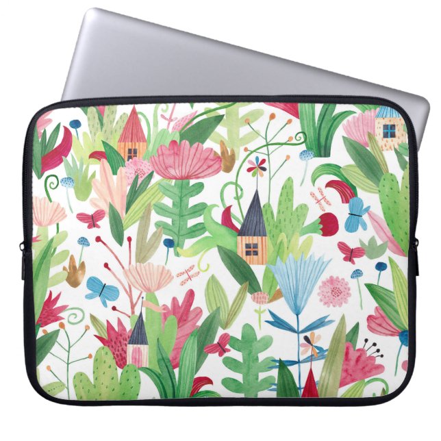 Capa Para Notebook Campos Florais: Padrão de Casas de Aquarela (Frente)