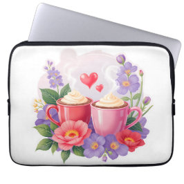 Capa Para Notebook Canecas de Cacau do Dia dos Namorados com Flores e