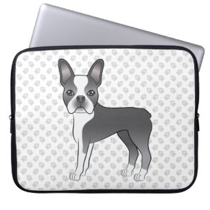 Capa Para Notebook Cão e patas de Cartoon Azul e Branco de Boston