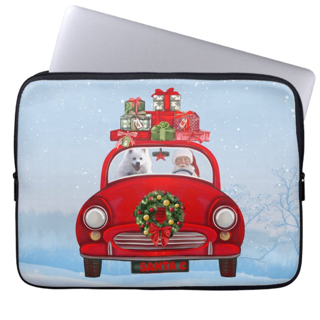 Capa Para Notebook Cão Esquimó Americano em Carro com Papai Noel (Frente)