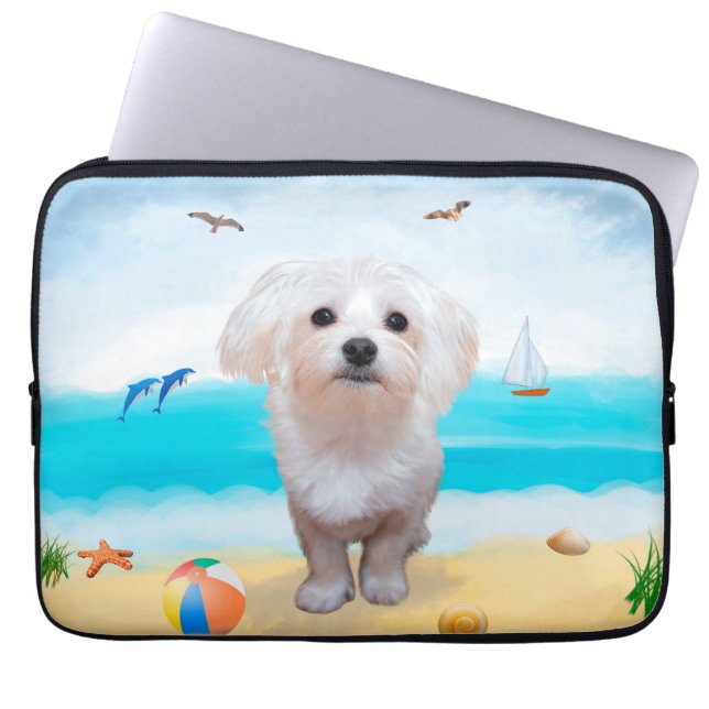 Capa Para Notebook Cão Maltês na Praia (Frente)