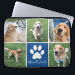 Capa Para Notebook Cão Personalizado Colagem de Fotos Azul Pet Pet Pw<br><div class="desc">Esta bela bolsa de laptop de colagem de fotos de cão personalizada é personalizada com fotos adoráveis de seu doce filhote. Personalize este presente chic com as suas 5 fotografias favoritas em volta de um quadrado azul bonito com uma bonito pata branca e o nome do seu cão no centro....</div>