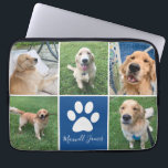 Capa Para Notebook Cão Personalizado Colagem de Fotos Azul Pet Pet Pw<br><div class="desc">Esta bela bolsa de laptop de colagem de fotos de cão personalizada é personalizada com fotos adoráveis de seu doce filhote. Personalize este presente chic com as suas 5 fotografias favoritas em volta de um quadrado azul bonito com uma bonito pata branca e o nome do seu cão no centro....</div>