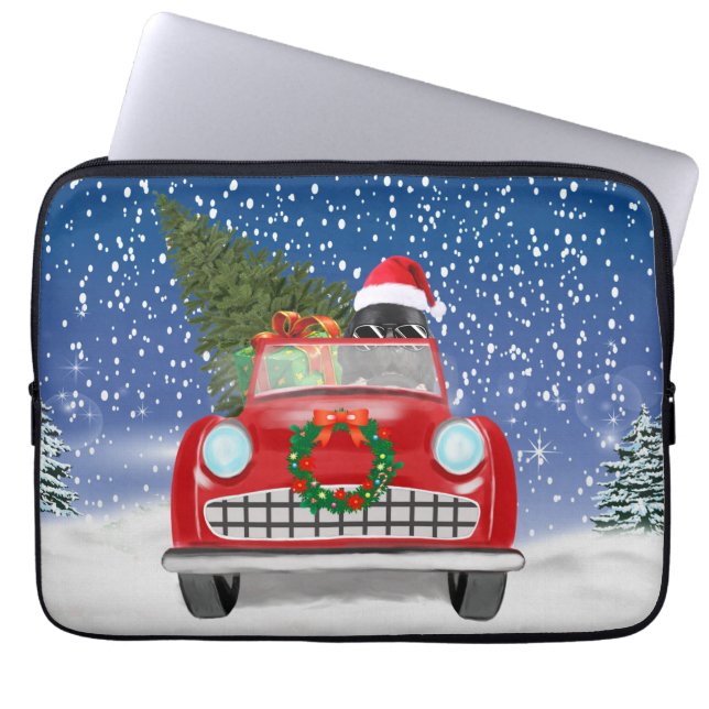 Capa Para Notebook Cão Terra Nova Dirigindo Carro Na Neve Natal  (Frente)