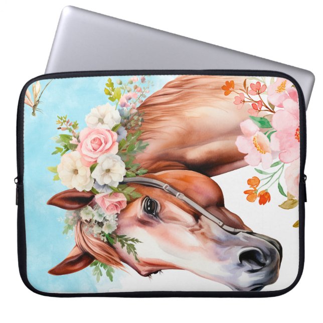 Capa Para Notebook Capinha de Laptop Cavalo Flores Aquarela (Frente)