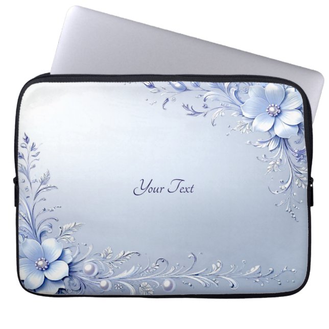 Capa Para Notebook Capinha de Laptop com Flores Ornamentadas Azuis e  (Frente)