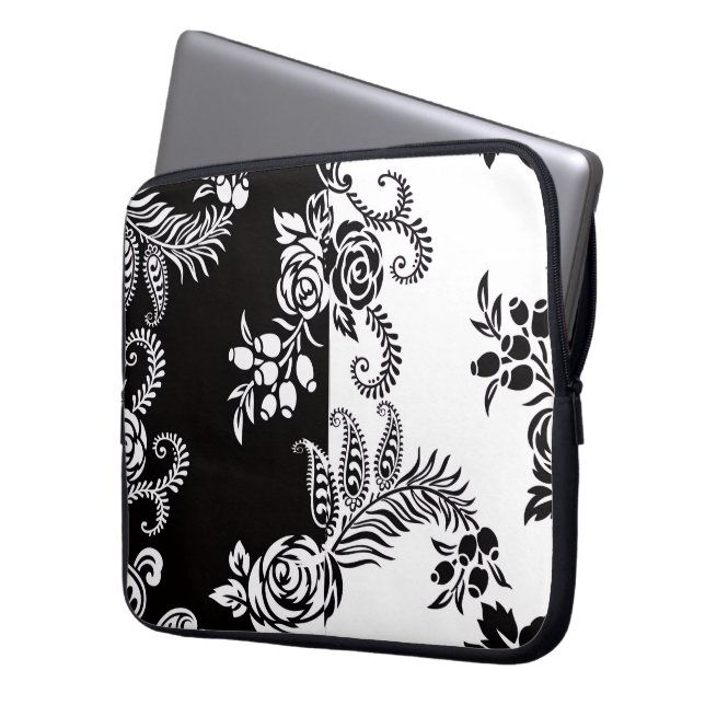Capa Para Notebook Capinha de Laptop Floral Preto e Branco Moderno (Frente Esquerda)