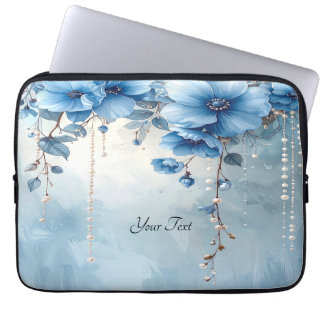 Capa Para Notebook Capinha de Laptop Flores Azuis e Pérolas