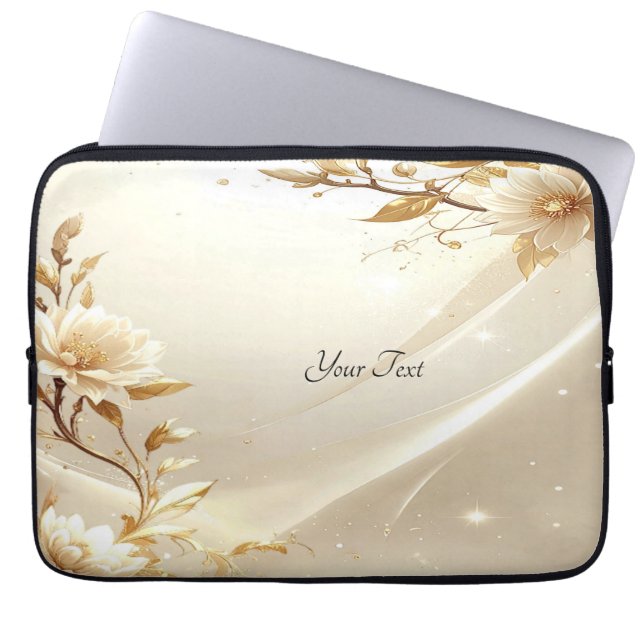 Capa Para Notebook Capinha de Laptop Flores Brancas e Douradas (Frente)