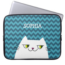 Capinha de Laptop Gato Monograma Azul Chevron Fofo