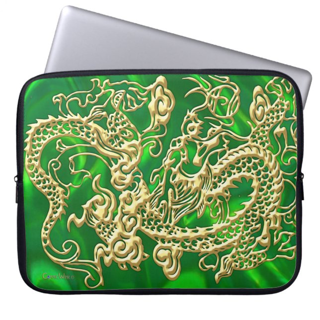 Capa Para Notebook Capinha de Laptop Luxuosa em Seda Verde Dragão Dou (Frente)